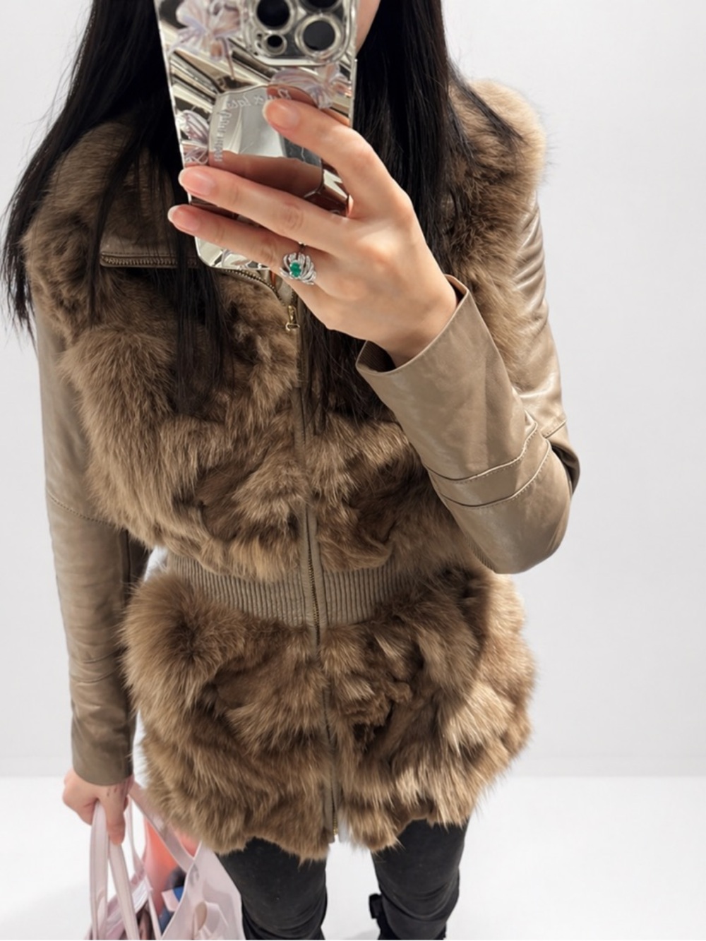 Vintage Genuine Fox Fur & Sheepskin Leather Jacket Taupe Dusty Mauve